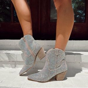 Embellished Silver/Iridescent Cowboy Crystal Ankle Boots - Women's size 8